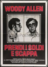 4y668 TAKE THE MONEY & RUN Italian 1p R70s wacky Woody Allen mugshot, classic mockumentary!
