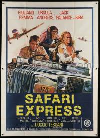 4y237 SAFARI EXPRESS Italian 2p '76 art of Guiliano Gemma & Ursula Andress in jeep with chimp!