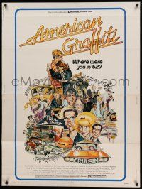 4z205 AMERICAN GRAFFITI 30x40 '73 George Lucas teen classic, wacky Mort Drucker artwork of cast!