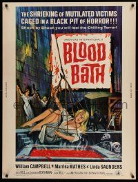4z208 BLOOD BATH 30x40 '66 AIP, cool artwork of sexy babe being lowered into a pit of horror!