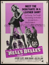 4z220 HELL'S BELLES 30x40 '69 sexy too young too tough biker babe in leather skirt!