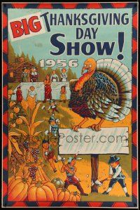 4z344 BIG THANKSGIVING DAY SHOW 40x60 '56 wonderful silkscreen art of turkey, natives & pilgrims!