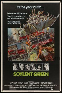 4z408 SOYLENT GREEN 40x60 '73 art of Charlton Heston trying to escape riot control by John Solie!
