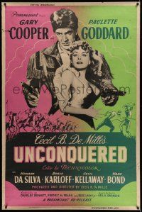 4z420 UNCONQUERED 40x60 R55 art of Gary Cooper holding Paulette Goddard & two guns!