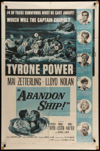 5b042 ABANDON SHIP 1sh '57 Tyrone Power & 25 survivors in a lifeboat which can hold only 12!