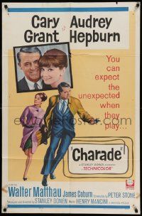 5b181 CHARADE 1sh '63 art of tough Cary Grant & sexy Audrey Hepburn, expect the unexpected!