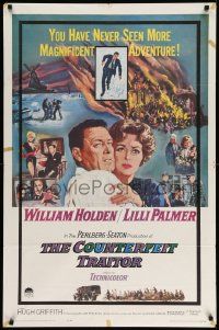 5b216 COUNTERFEIT TRAITOR 1sh '62 art of William Holden & Lilli Palmer by Howard Terpning!