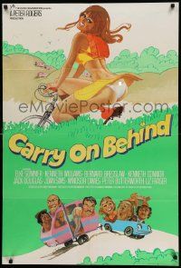 5b007 CARRY ON BEHIND English 1sh 1975 art of sexy Carol Hawkins on bicycle & Elke Sommer in car!