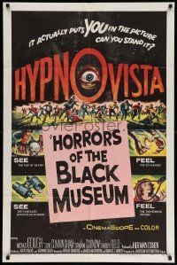 5b423 HORRORS OF THE BLACK MUSEUM 1sh '59 an amazing new dimension in screen thrills, Hypno-Vista!