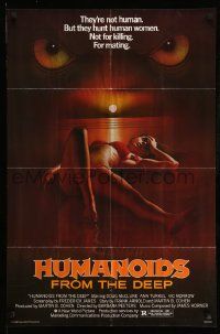 5b436 HUMANOIDS FROM THE DEEP 1sh '80 classic art of eyes looming over sexy girl on beach!