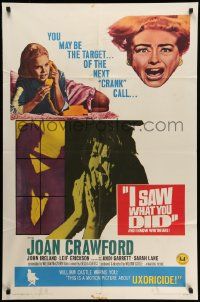 5b443 I SAW WHAT YOU DID 1sh '65 Joan Crawford, William Castle, you may be the next target!