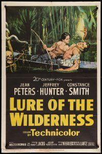 5b551 LURE OF THE WILDERNESS 1sh '52 art of sexy Jean Peters & wounded Jeff Hunter in swamp!