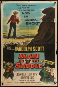 5b572 MAN IN THE SADDLE 1sh '51 cowboy Randolph Scott in western action, Joan Leslie!