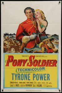 5b761 PONY SOLDIER 1sh '52 art of Royal Canadian Mountie Tyrone Power & Penny Edwards, rare!
