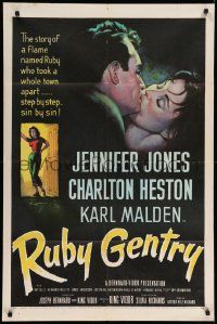 5b823 RUBY GENTRY 1sh '53 art of super sleazy bad girl Jennifer Jones kissing Charlton Heston!