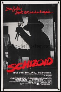 5b831 SCHIZOID 1sh '80 cool silhouette of crazed madman Klaus Kinski attacking with scissors!