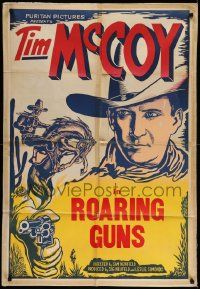 5b929 TIM MCCOY 1sh '30s classic cowboy on his horse & holding gun, Roaring Guns!