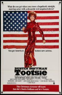 5b933 TOOTSIE advance 1sh '82 great full-length image of Dustin Hoffman in drag by American flag!