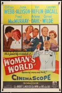 5b990 WOMAN'S WORLD 1sh '54 June Allyson, Clifton Webb, Van Heflin, Lauren Bacall, Arlene Dahl!