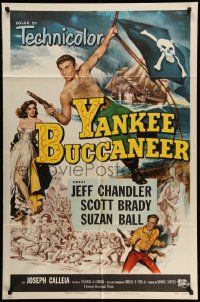 5b992 YANKEE BUCCANEER 1sh '52 cool art of barechested pirate Jeff Chandler swinging on rope w/gun!