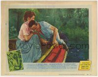 5c525 AFRICAN QUEEN LC #8 '52 missionary Katharine Hepburn helps Humphrey Bogart into the boat!