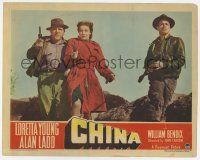 5c594 CHINA LC '43 great image of Alan Ladd, William Bendix & Loretta Young, all pointing guns!
