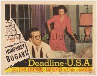 5c615 DEADLINE-U.S.A. LC #8 '52 Kim Hunter glares at Humphrey Bogart, best journalism movie ever!