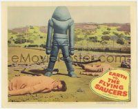5c637 EARTH VS. THE FLYING SAUCERS LC '56 cool image of alien robot standing over dead men!