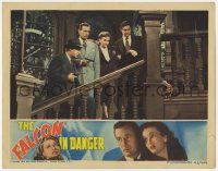 5c648 FALCON IN DANGER LC '43 Tom Conway pointing gun with dead man & three others on staircase!