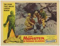 5c779 MONSTER OF PIEDRAS BLANCAS LC #4 '59 three guys help wounded man, monster in border image!