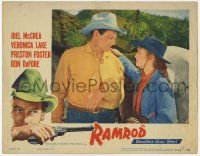 5c838 RAMROD LC #5 R53 Joel McCrea with broken arm smiles at Veronica Lake standing by horse!