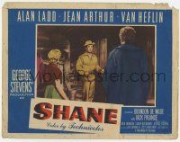 5c887 SHANE LC #3 '53 Alan Ladd in buckskin enters homestead of Van Heflin & Jean Arthur!