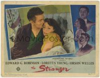 5c919 STRANGER LC '46 close up of Orson Welles kissing Loretta Young's forehead in bed!