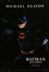 5g082 BATMAN RETURNS teaser 1sh '92 Burton, Michael Keaton as caped crusader, cool dated design!