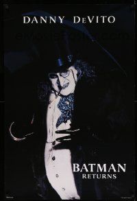 5g081 BATMAN RETURNS teaser 1sh '92 Burton, close-up of Danny DeVito as the Penguin, undated design