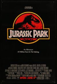 5g494 JURASSIC PARK advance 1sh '93 Steven Spielberg, classic logo with T-Rex over red background