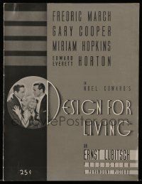 5h492 DESIGN FOR LIVING souvenir program book '33 Lubitsch & Coward, Gary Cooper & Fredric March!