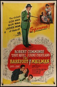 5j086 BAREFOOT MAILMAN 1sh '51 Robert Cummings is a slick con man, gun man & ladies' man!