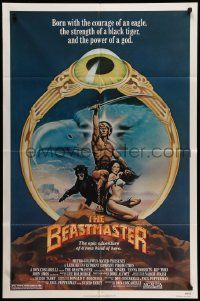 5j093 BEASTMASTER 1sh '82 Taylor art of bare-chested Marc Singer & sexy Tanya Roberts!