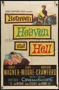 5j112 BETWEEN HEAVEN & HELL 1sh '56 barechested Robert Wagner romances sexy Terry Moore on ground!