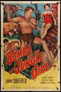 5j146 BOMBA & THE JUNGLE GIRL 1sh '53 c/u of Johnny Sheffield with spear & sexy Karen Sharpe!
