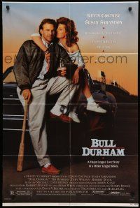 5j168 BULL DURHAM 1sh '88 great image of baseball player Kevin Costner & sexy Susan Sarandon