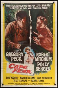 5j186 CAPE FEAR 1sh '62 Gregory Peck, Robert Mitchum, Polly Bergen, classic noir, Terror!