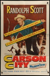 5j197 CARSON CITY 1sh '52 cowboy Randolph Scott in Nevada with a gun and a grin!