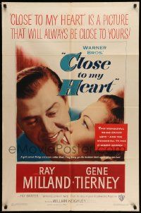 5j230 CLOSE TO MY HEART 1sh '51 Gene Tierney & Ray Milland adopt a child!