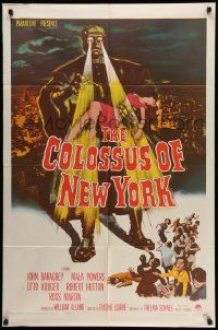 5j233 COLOSSUS OF NEW YORK 1sh '58 great art of robot monster holding sexy girl & attacking!