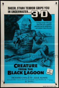 5j253 CREATURE FROM THE BLACK LAGOON 1sh R72 great art of monster attacking sexy Julie Adams, 3-D!