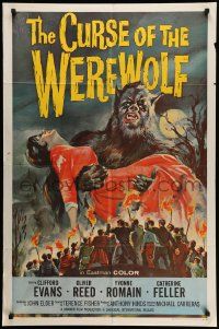 5j267 CURSE OF THE WEREWOLF 1sh '61 Hammer, art of Oliver Reed holding victim by Joseph Smith!