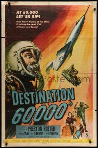 5j296 DESTINATION 60,000 1sh '57 cool artwork of military man-flown bullets of the skies!