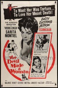 5j299 DEVIL MADE A WOMAN 1sh '61 super close up of sexy Sara Montiel, to love her meant death!